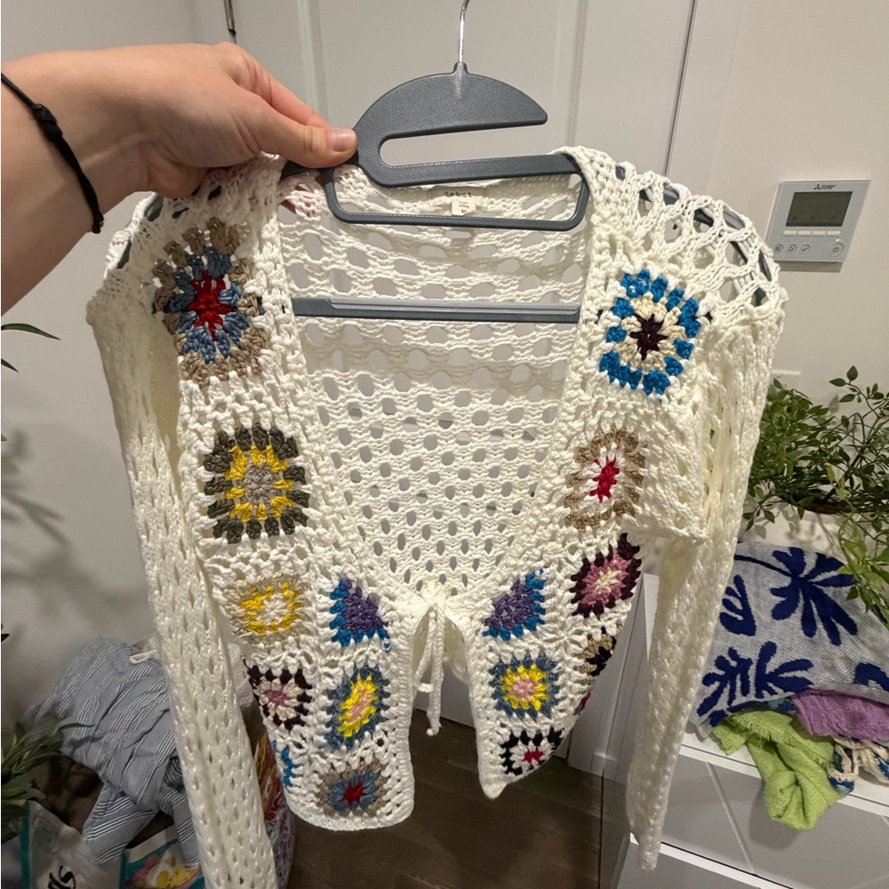 Debut Crochet Cardigan Sweater - Cream with Multicolor Accents